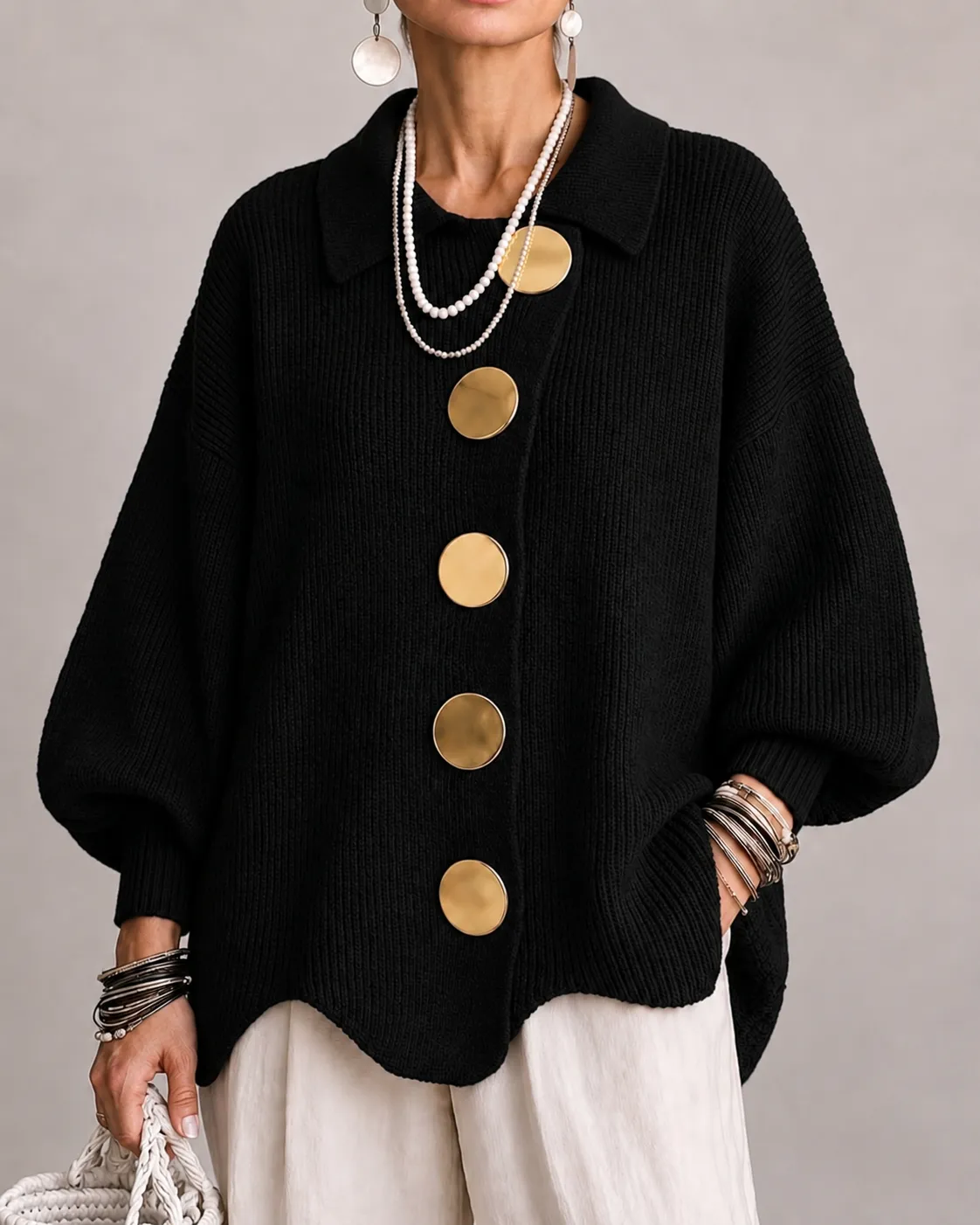 ELIZA & MAREN | OVERSIZED METAL BUTTON CARDIGAN FOR WOMEN