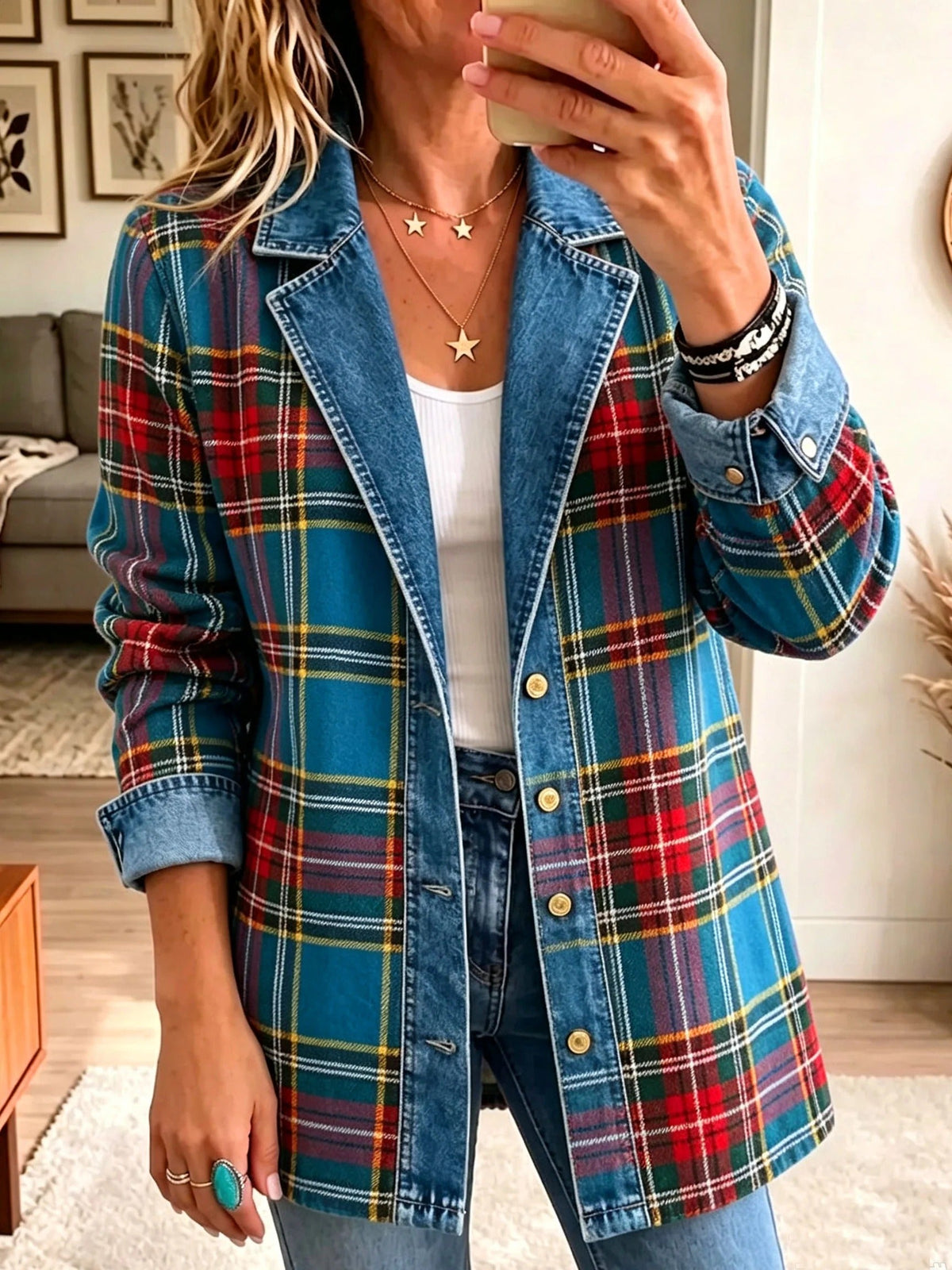 ELIZA & MAREN | BLUE TARTAN DENIM BLAZER FOR WOMEN