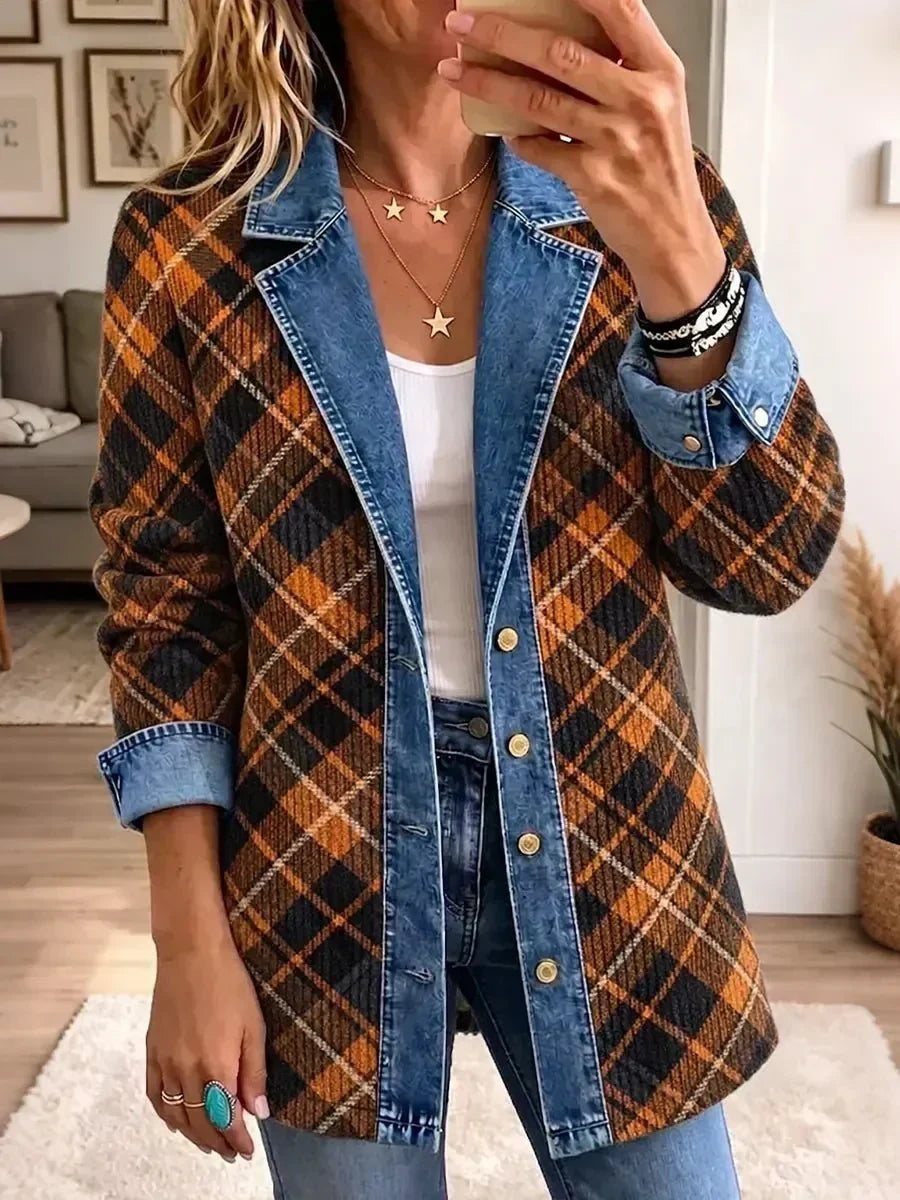 ELIZA & MAREN | BROWN CHECKED DENIM JACKET FOR WOMEN