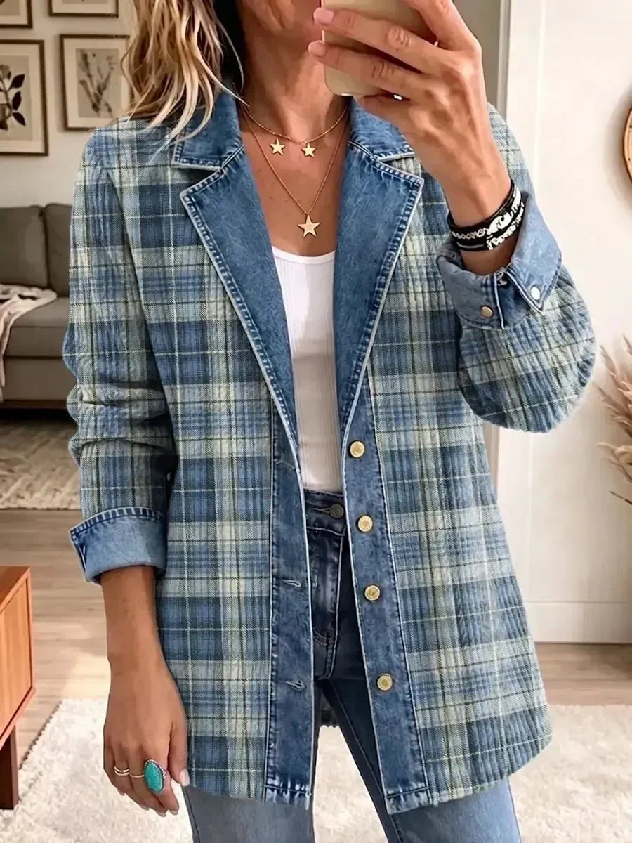 ELIZA & MAREN | BLUE CHECKERED DENIM JACKET FOR WOMEN