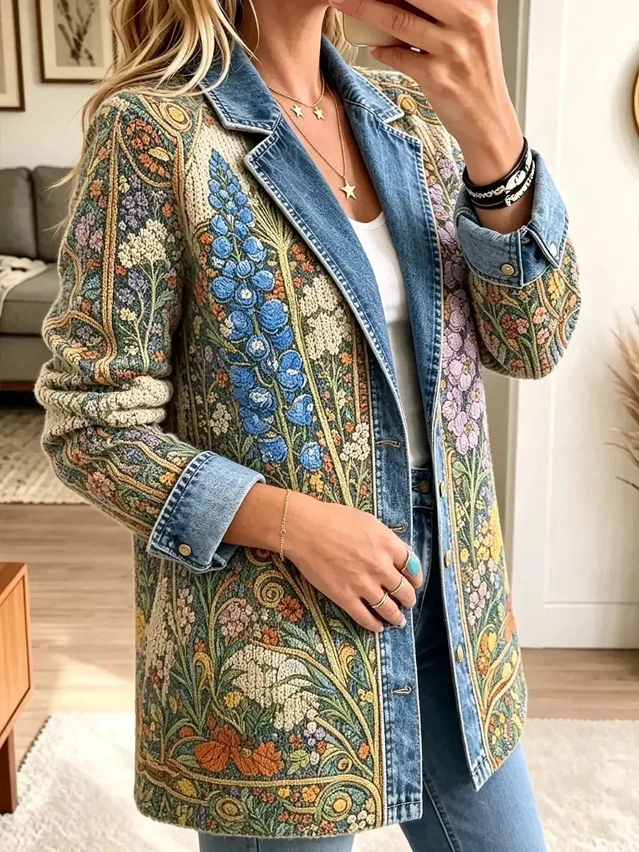 ELIZA & MAREN | FLORAL MOTIF DENIM JACKET FOR WOMEN