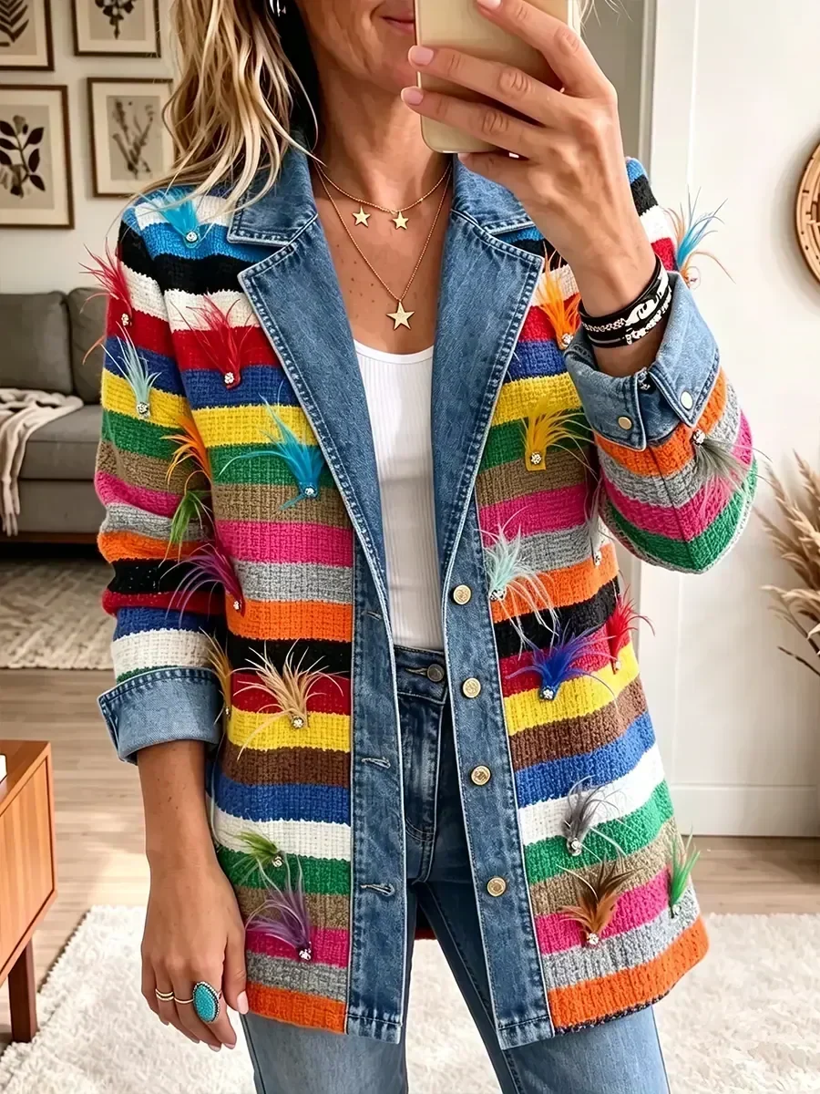 ELIZA & MAREN | COLORFUL FEATHER PRINT JACKET FOR WOMEN
