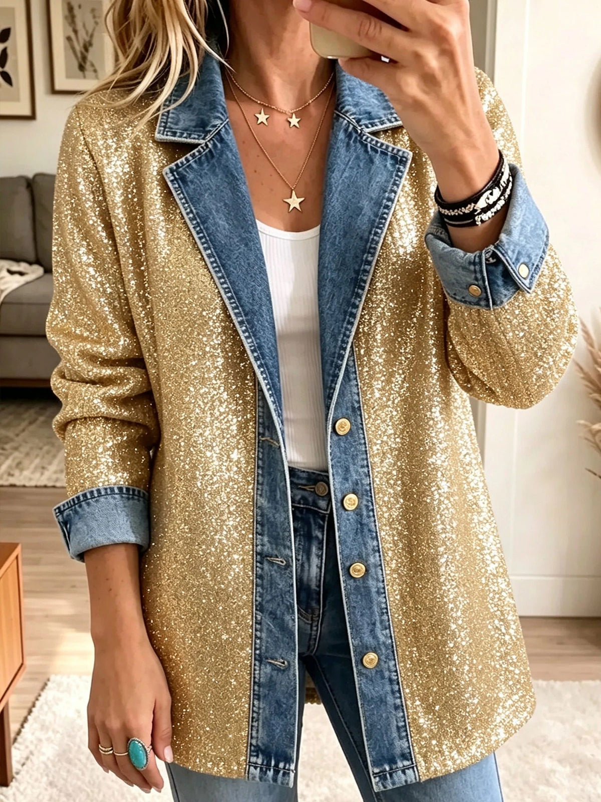 ELIZA & MAREN | GOLD SEQUIN DENIM BLAZER FOR WOMEN