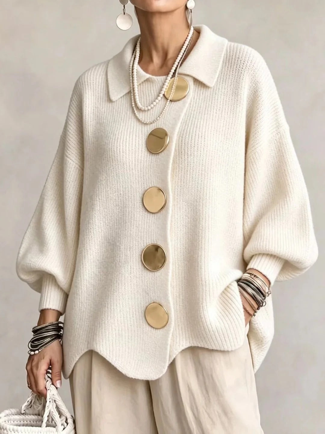 ELIZA & MAREN | OVERSIZED METAL BUTTON CARDIGAN FOR WOMEN