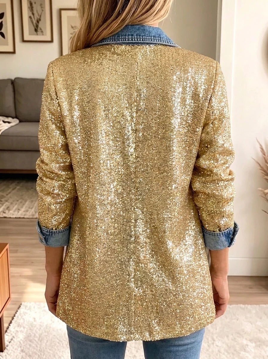 ELIZA & MAREN | GOLD SEQUIN DENIM BLAZER FOR WOMEN