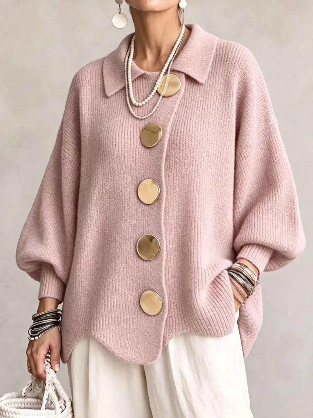 ELIZA & MAREN | OVERSIZED METAL BUTTON CARDIGAN FOR WOMEN
