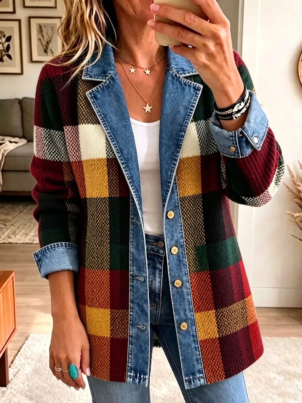 ELIZA & MAREN | COLORBLOCK PLAID DENIM JACKET FOR WOMEN