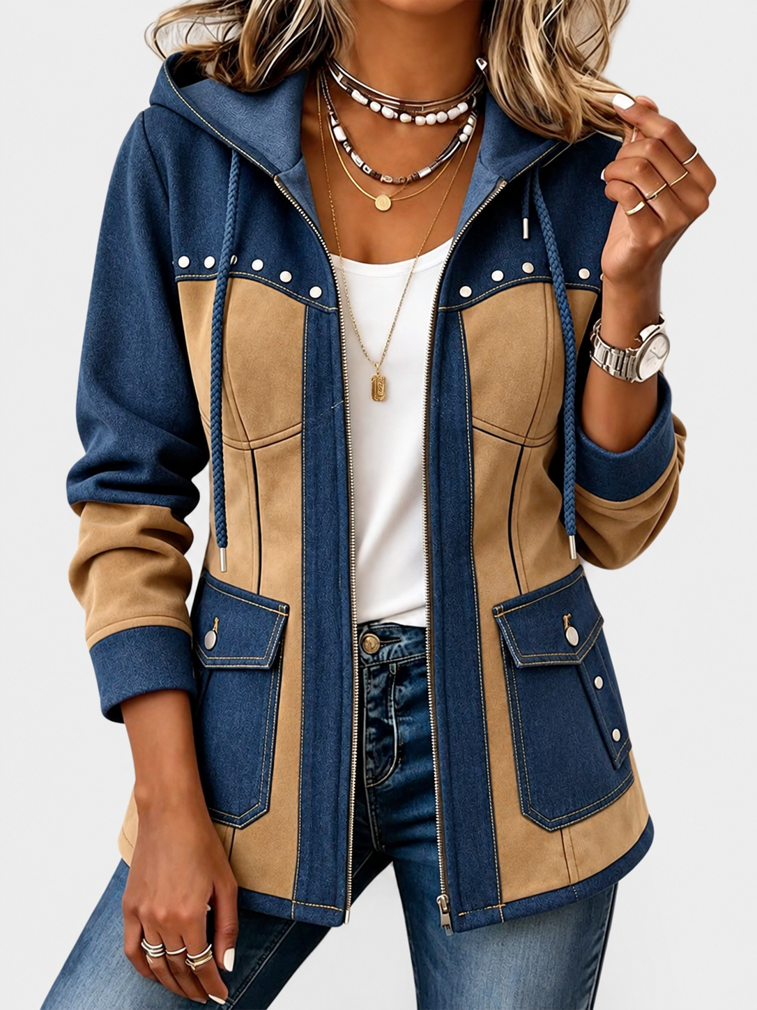 ELIZA & MAREN | CONTRAST PANEL HOODED JACKET FOR WOMEN