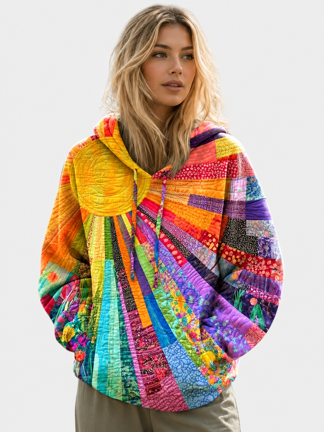 ELIZA & MAREN | MULTICOLOR PATCHWORK PRINT HOODIE FOR WOMEN