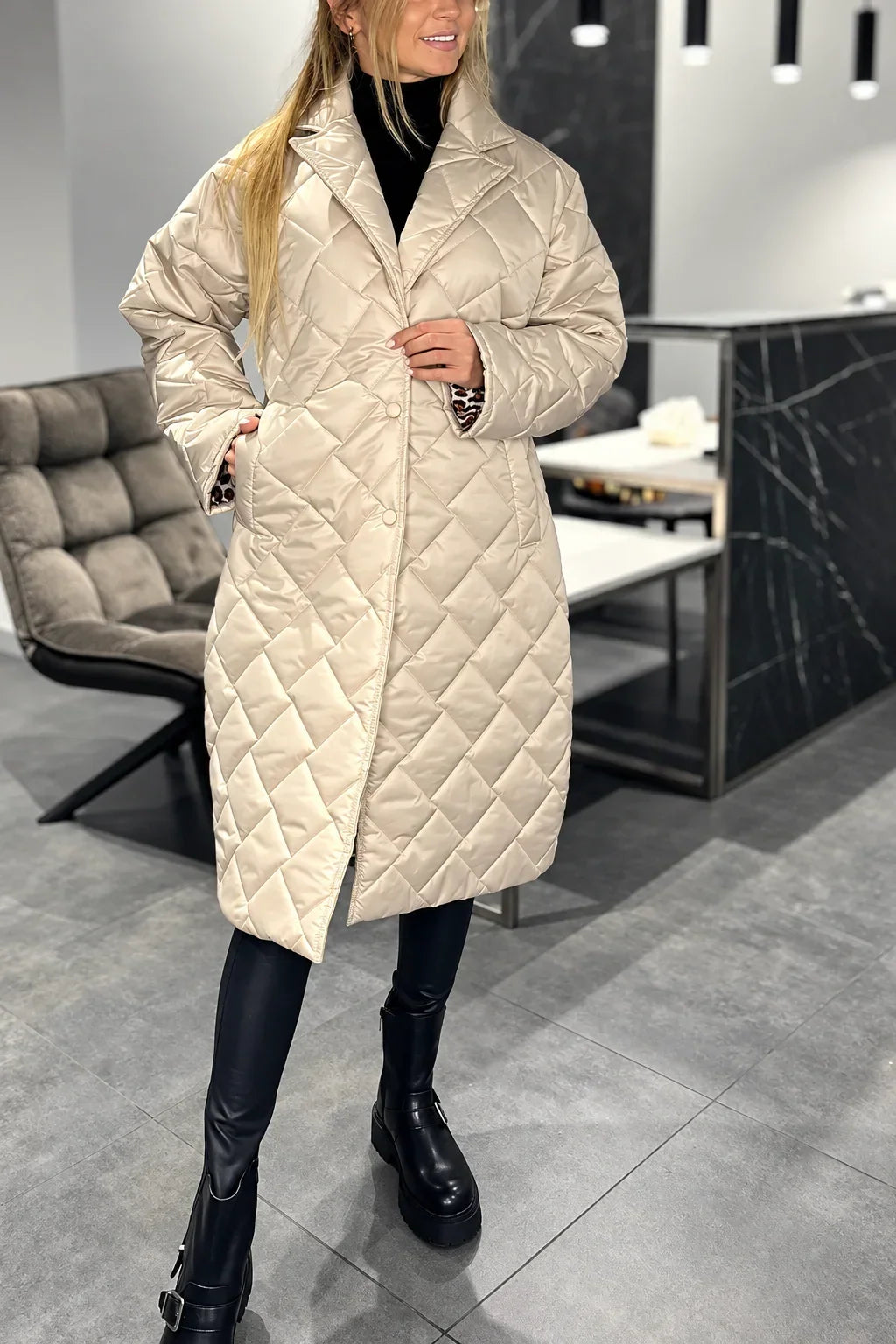 ELIZA & MAREN | LONG DIAMOND QUILTED COAT FOR WOMEN