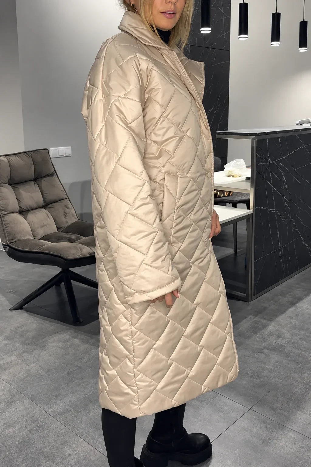 ELIZA & MAREN | LONG DIAMOND QUILTED COAT FOR WOMEN