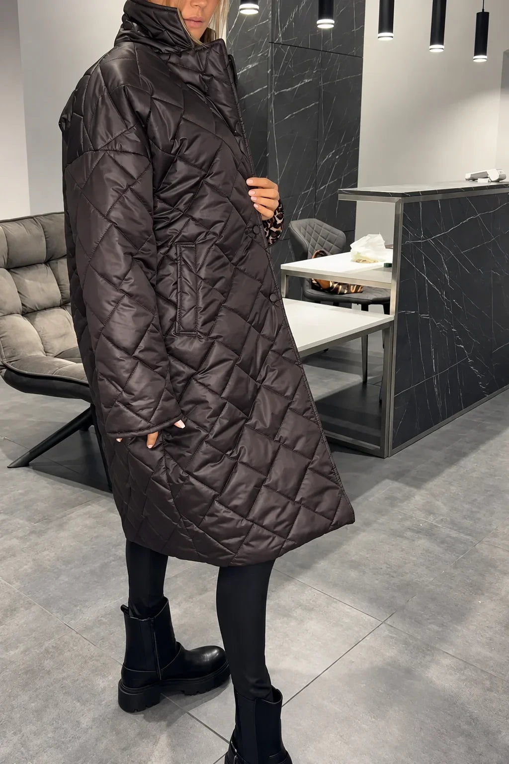 ELIZA & MAREN | LONG DIAMOND QUILTED COAT FOR WOMEN