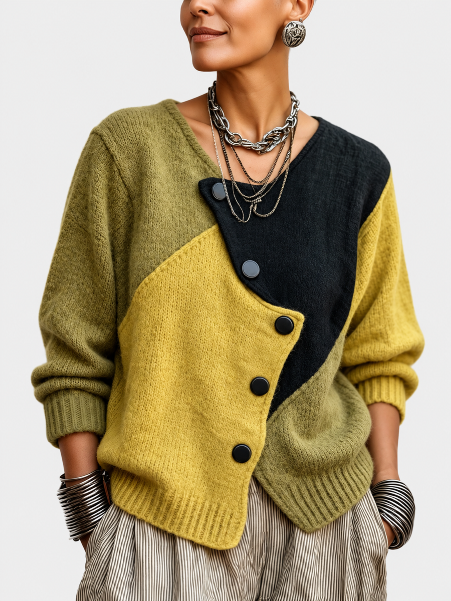 ELIZA & MAREN | ASYMMETRIC BUTTON KNIT CARDIGAN FOR WOMEN