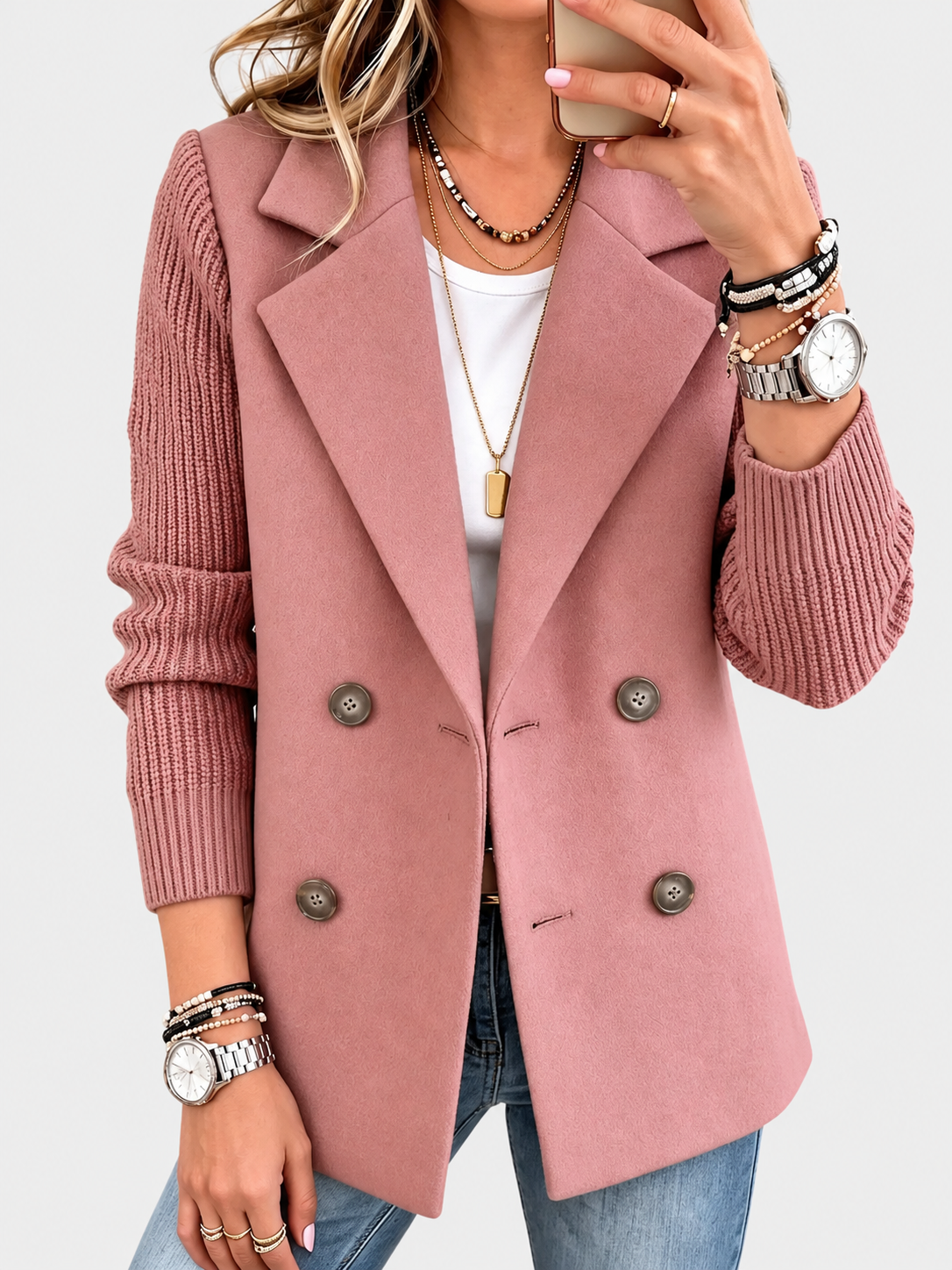 ELIZA & MAREN | PINK RIBBED SLEEVE BLAZER FOR WOMEN