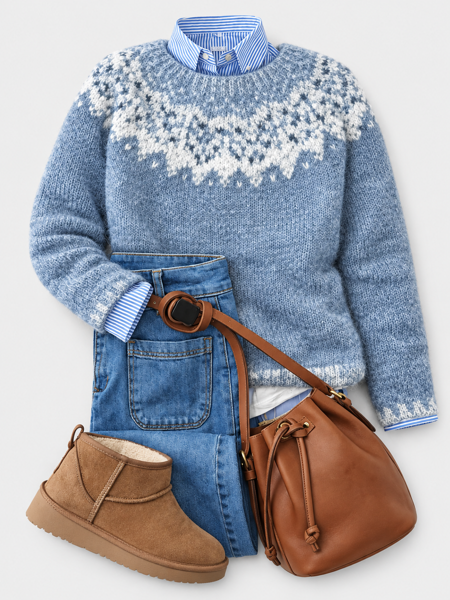 ELIZA & MAREN | NORDIC JACQUARD YOKE SWEATER FOR WOMEN