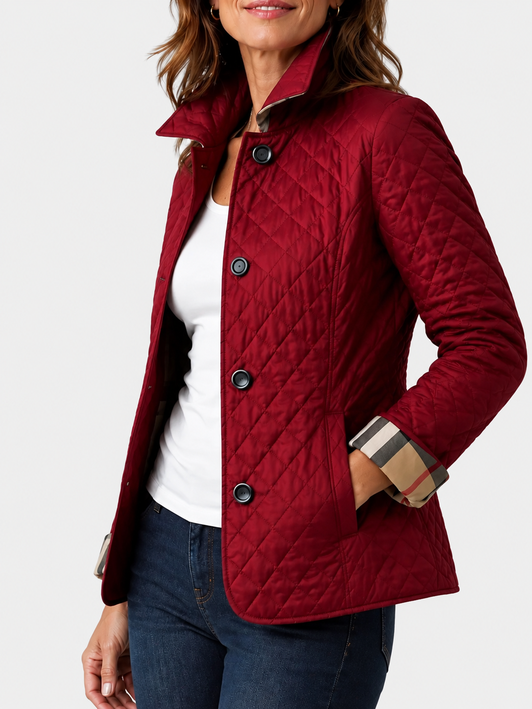 ELIZA & MAREN | RED DIAMOND QUILTED JACKET FOR WOMEN
