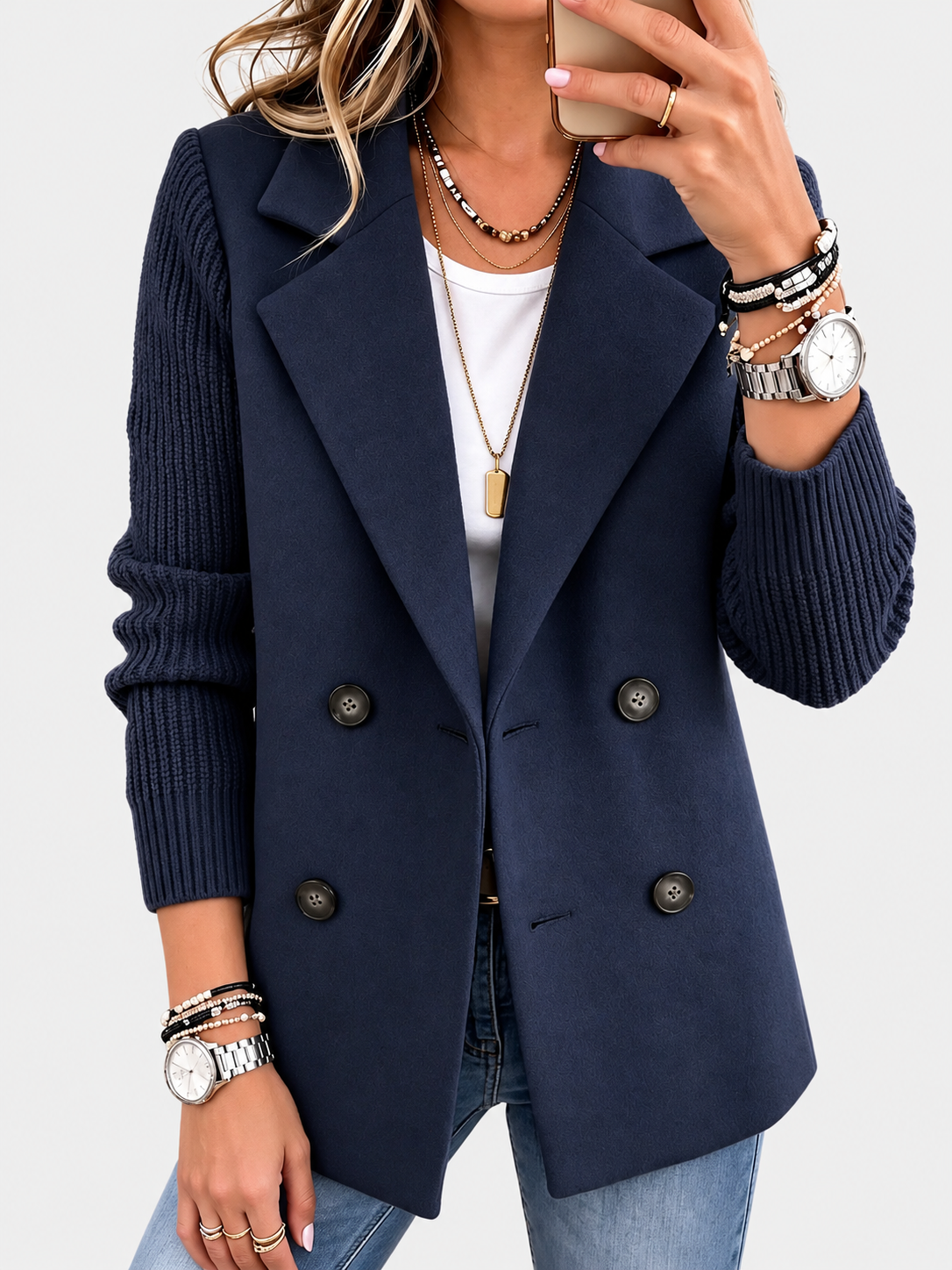 ELIZA & MAREN | BLUE RIBBED SLEEVE BLAZER FOR WOMEN