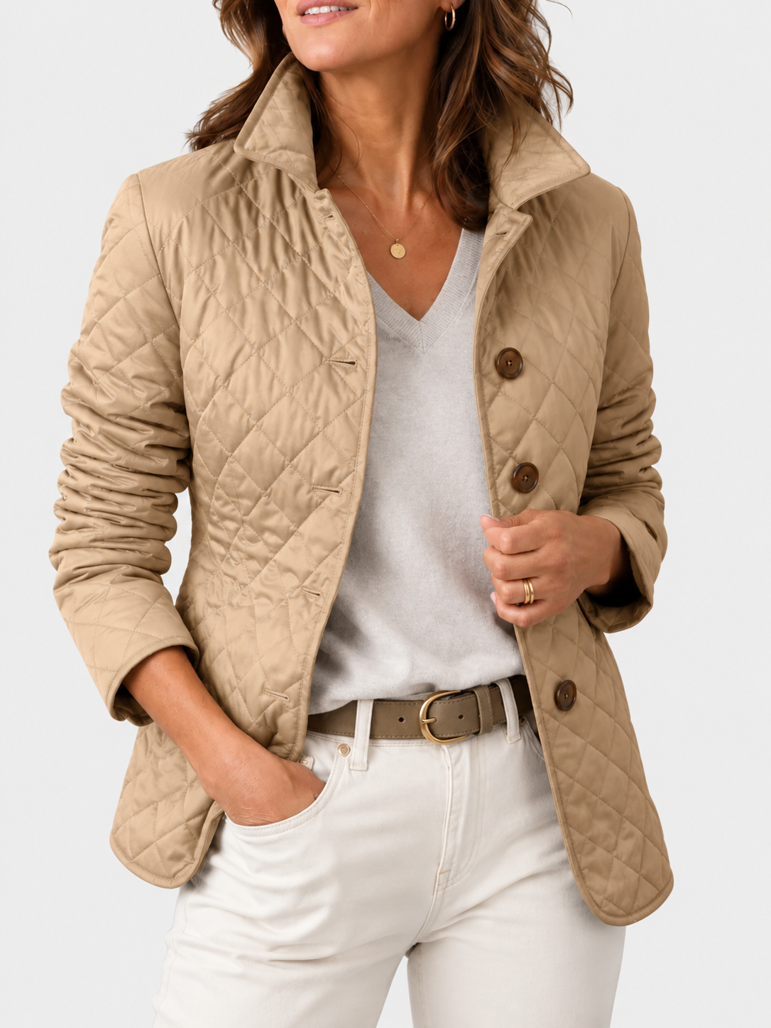 ELIZA & MAREN | KHAKI DIAMOND QUILTED JACKET FOR WOMEN