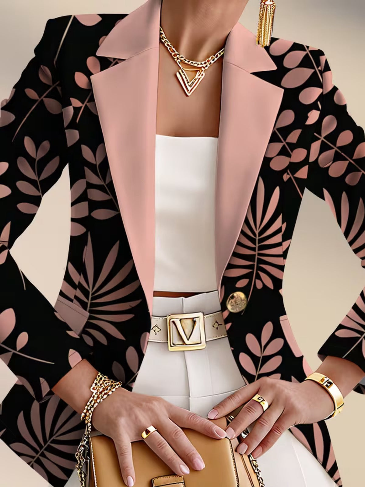 ELIZA & MAREN | PINK BOTANICAL LEAF BLAZER FOR WOMEN