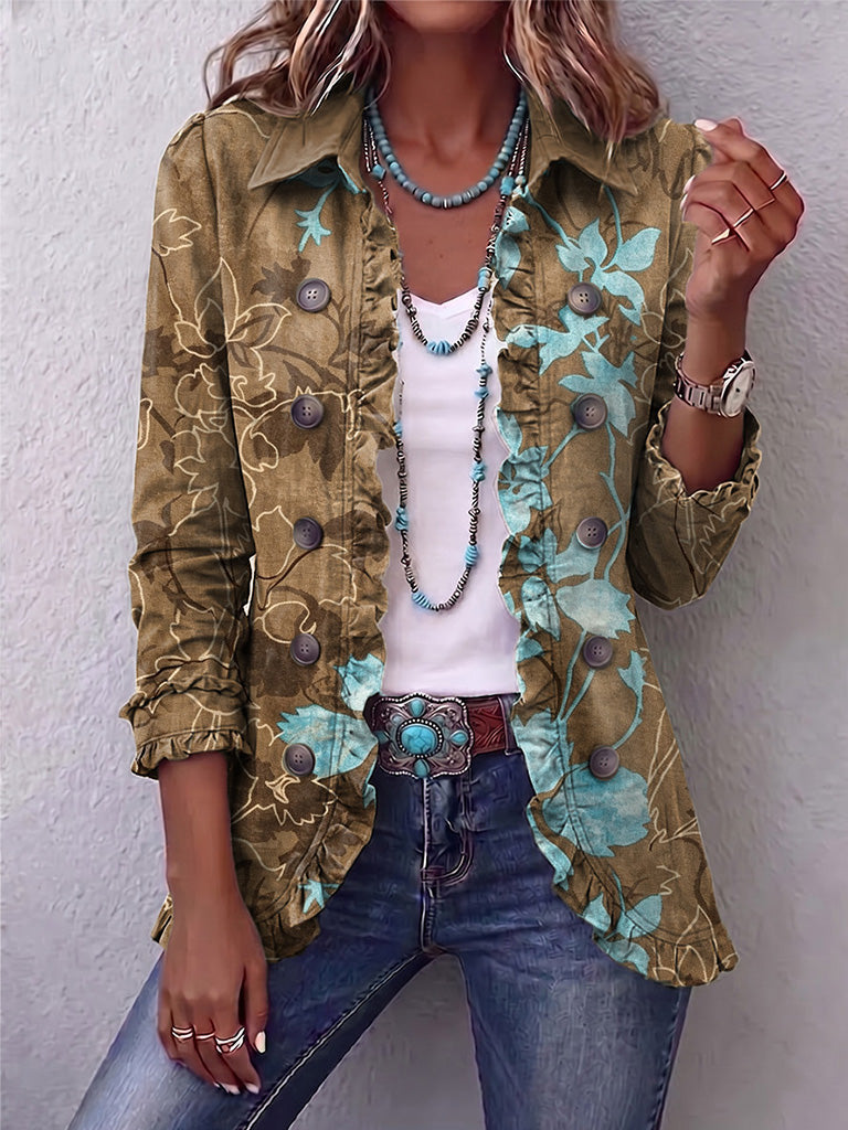ELIZA & MAREN | DISTRESSED FLORAL RUFFLE JACKET FOR WOMEN