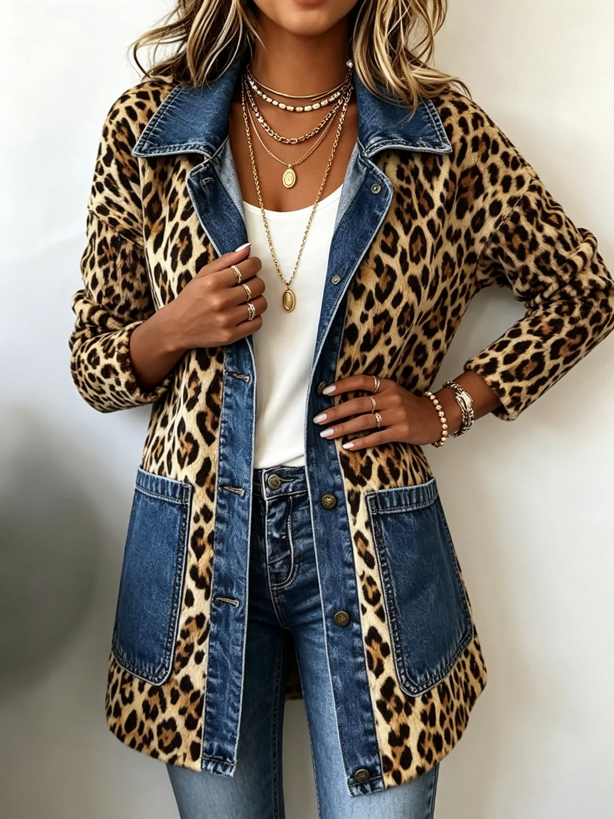 ELIZA & MAREN | LEOPARD DENIM LONGLINE JACKET FOR WOMEN