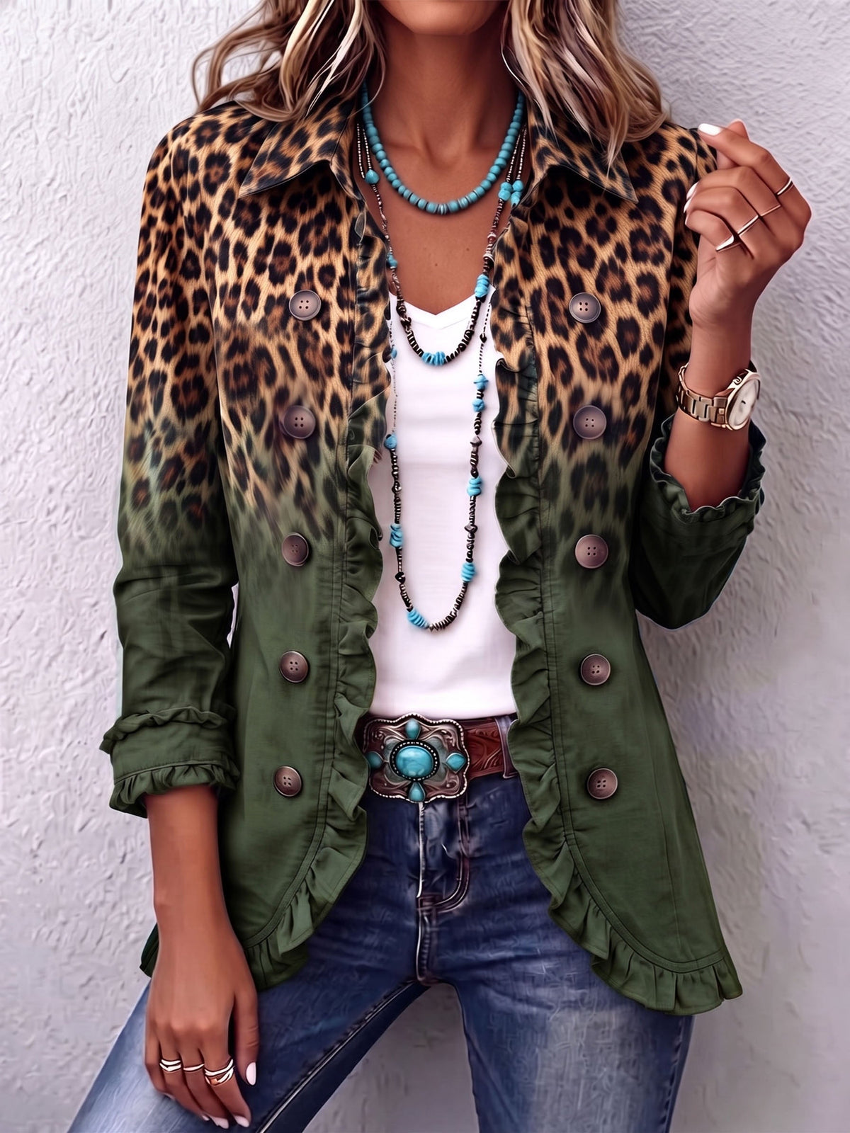 ELIZA & MAREN | LEOPARD OMBRE RUFFLE JACKET FOR WOMEN