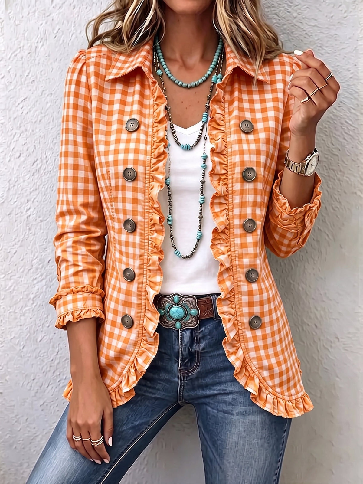 ELIZA & MAREN | GINGHAM RUFFLE BUTTON JACKET FOR WOMEN