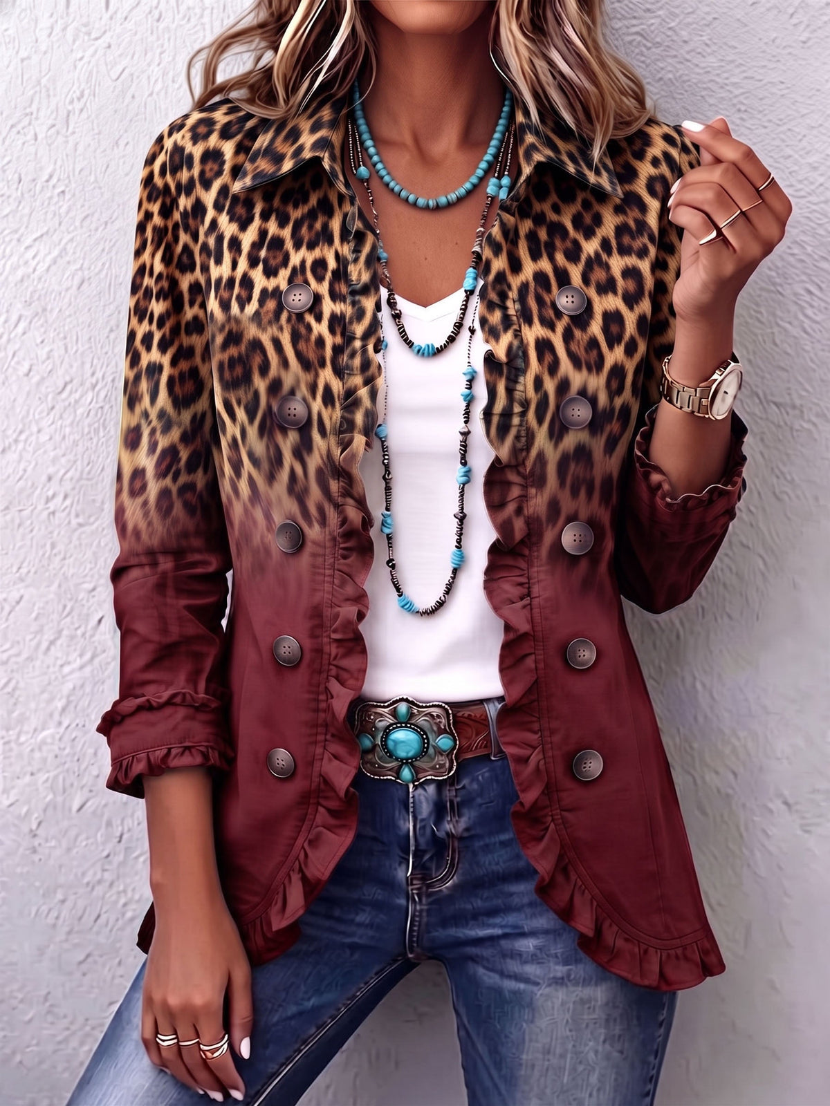 ELIZA & MAREN | LEOPARD OMBRE RUFFLE JACKET FOR WOMEN