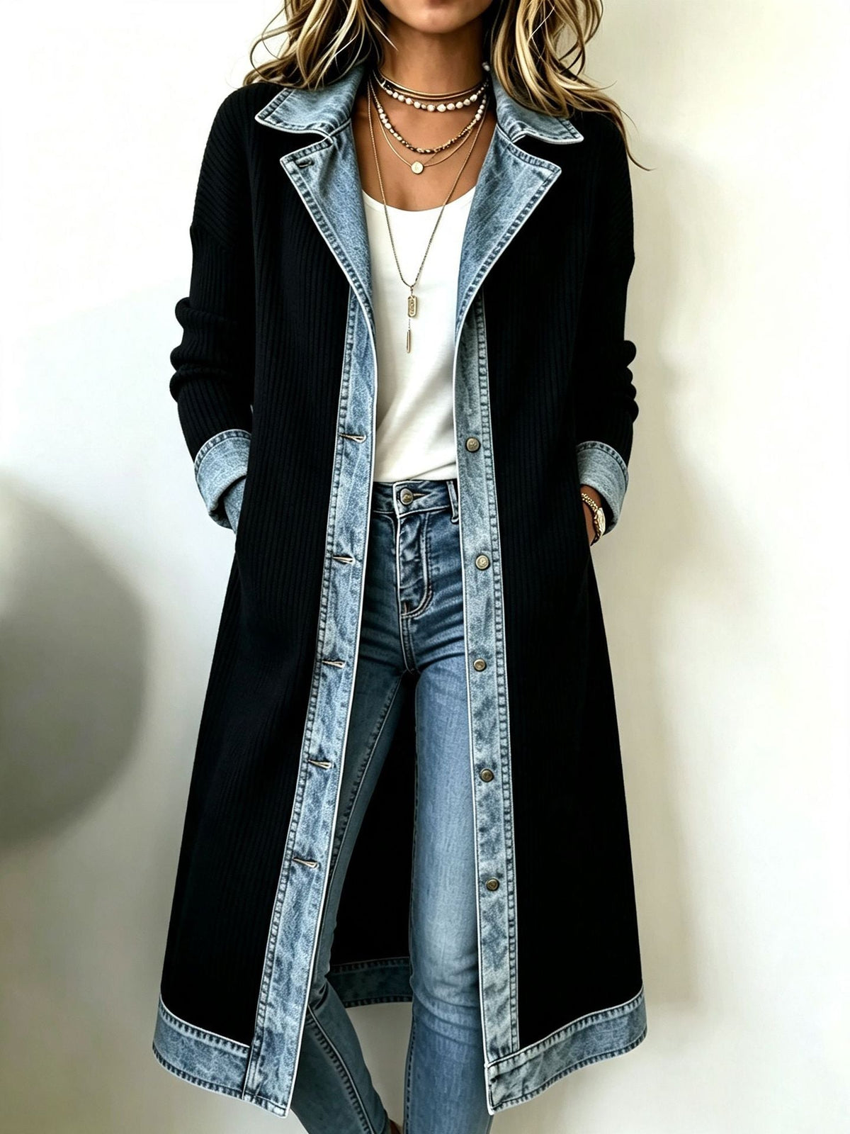 ELIZA & MAREN | LONG DENIM TRIM CARDIGAN FOR WOMEN