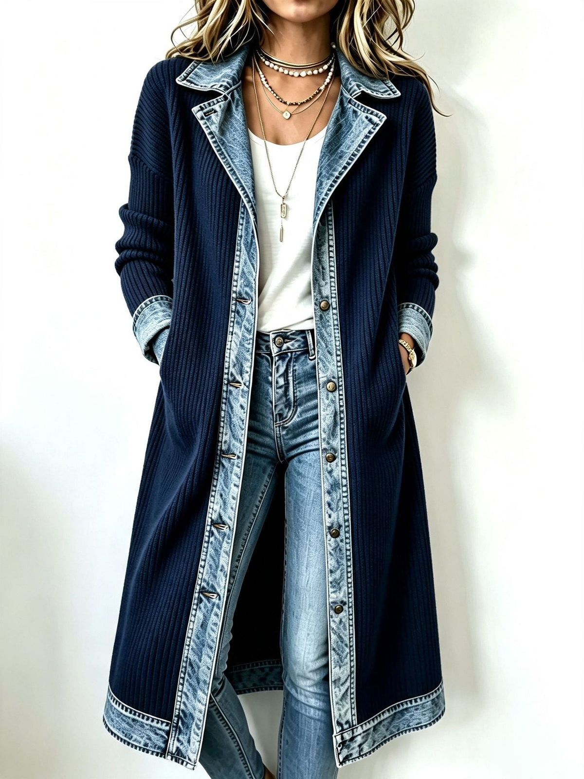 ELIZA & MAREN | LONG DENIM TRIM CARDIGAN FOR WOMEN