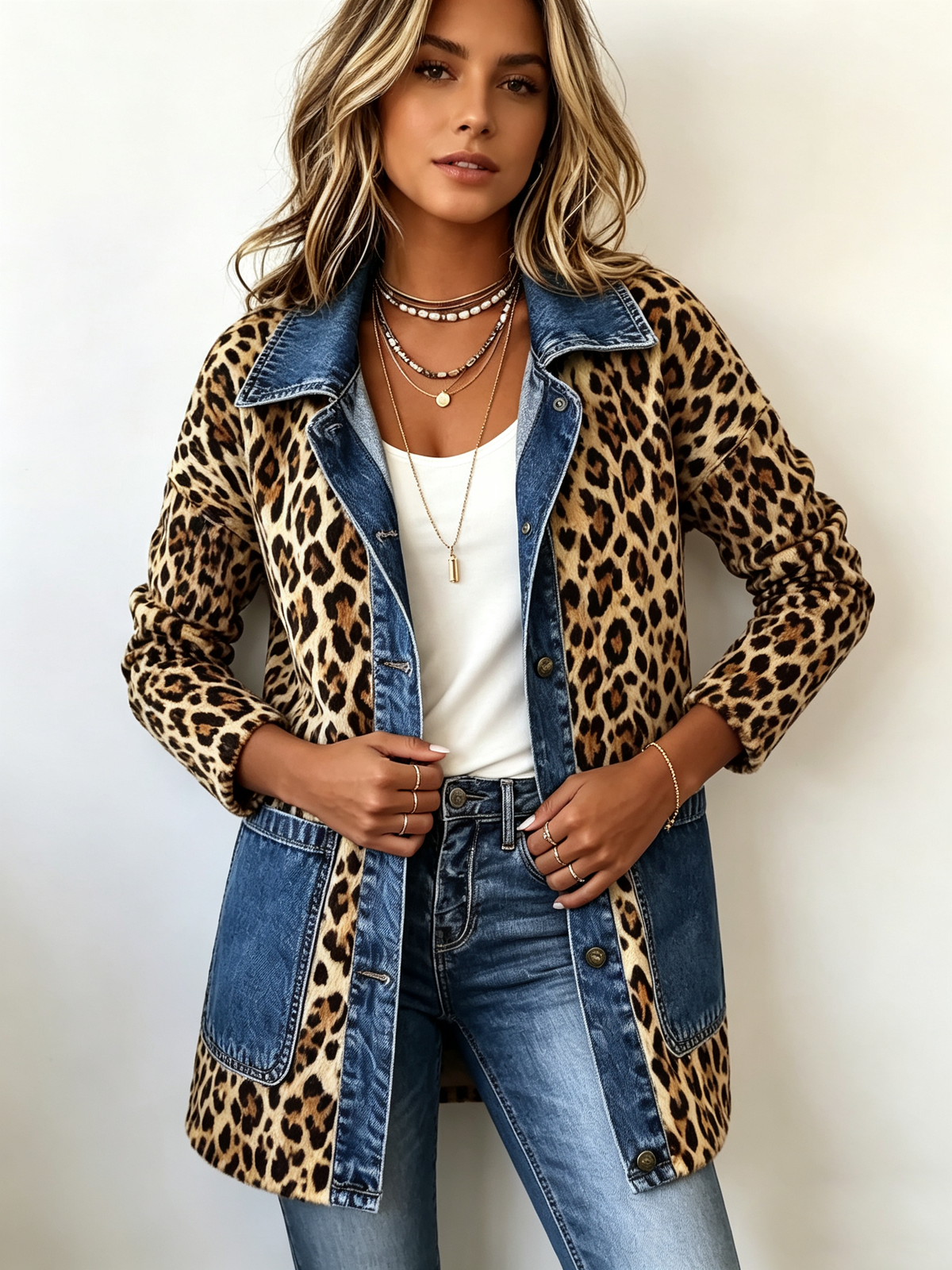 ELIZA & MAREN | LEOPARD DENIM LONGLINE JACKET FOR WOMEN