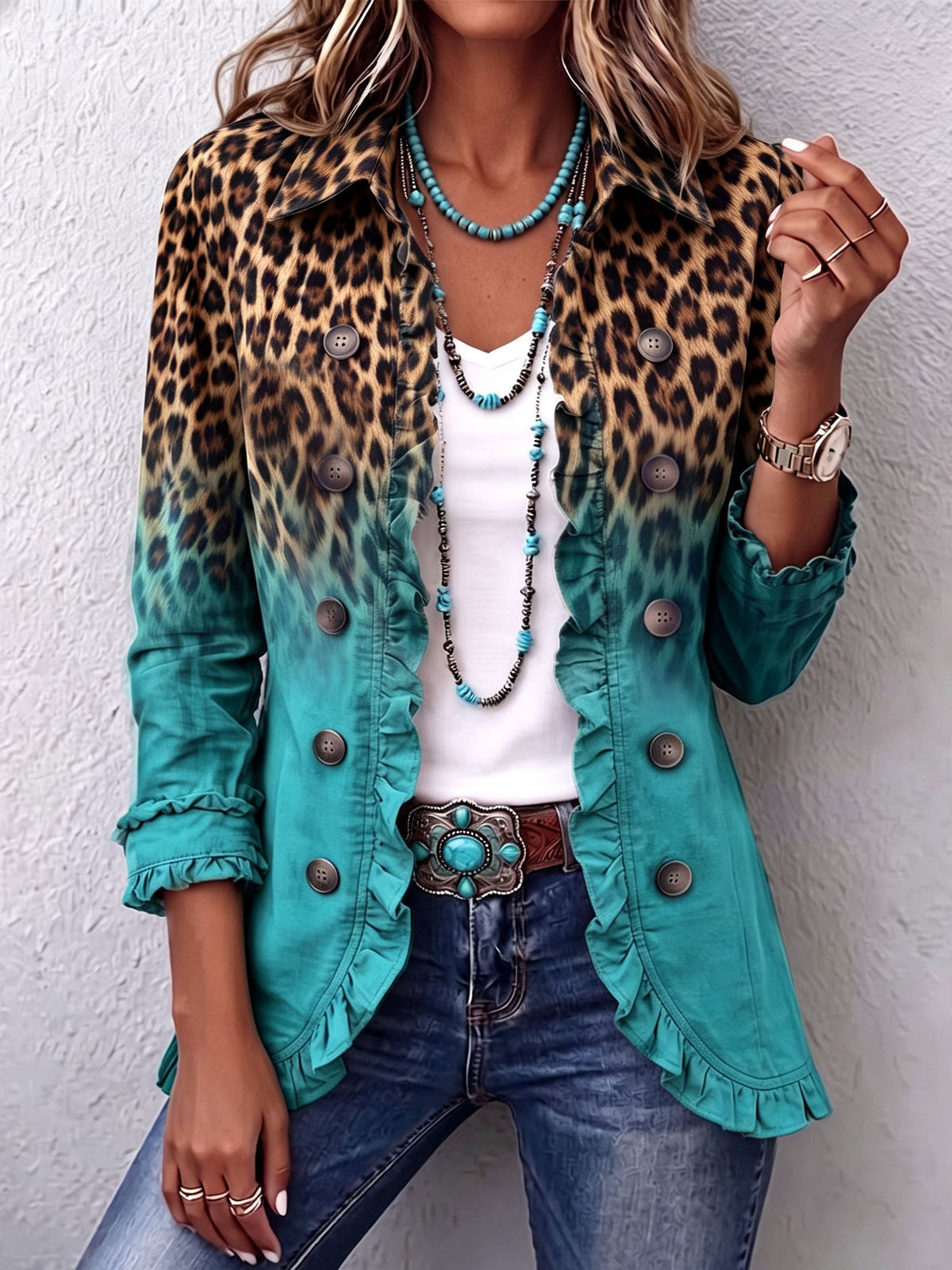 ELIZA & MAREN | LEOPARD OMBRE RUFFLE JACKET FOR WOMEN