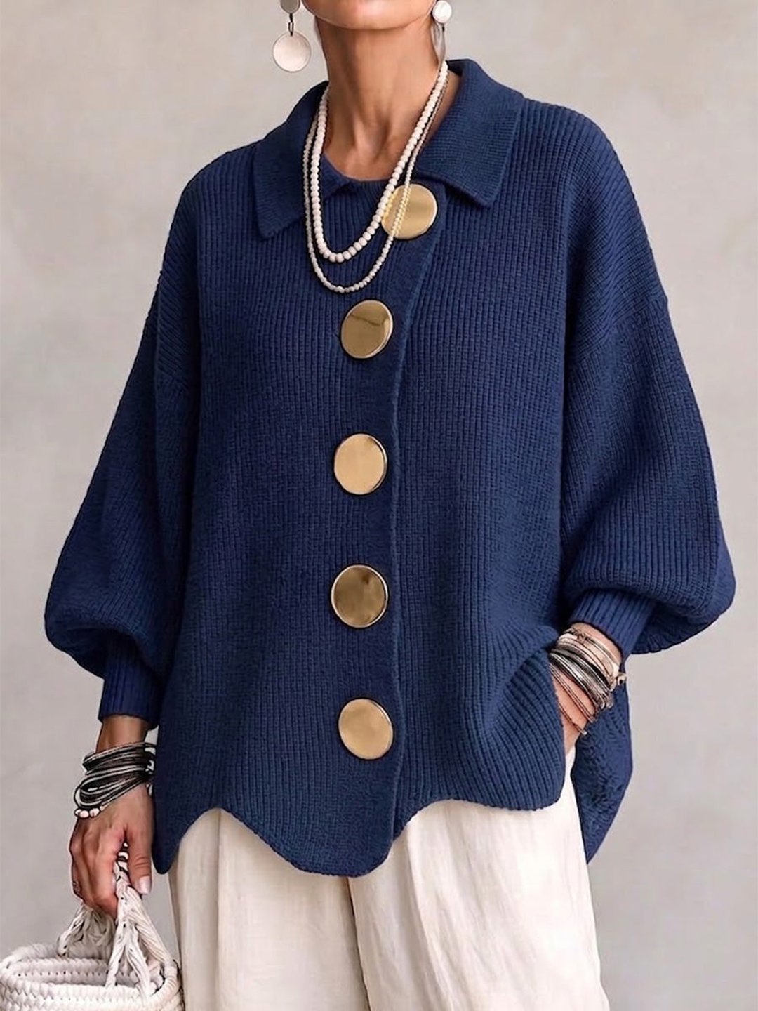 ELIZA & MAREN | OVERSIZED METAL BUTTON CARDIGAN FOR WOMEN