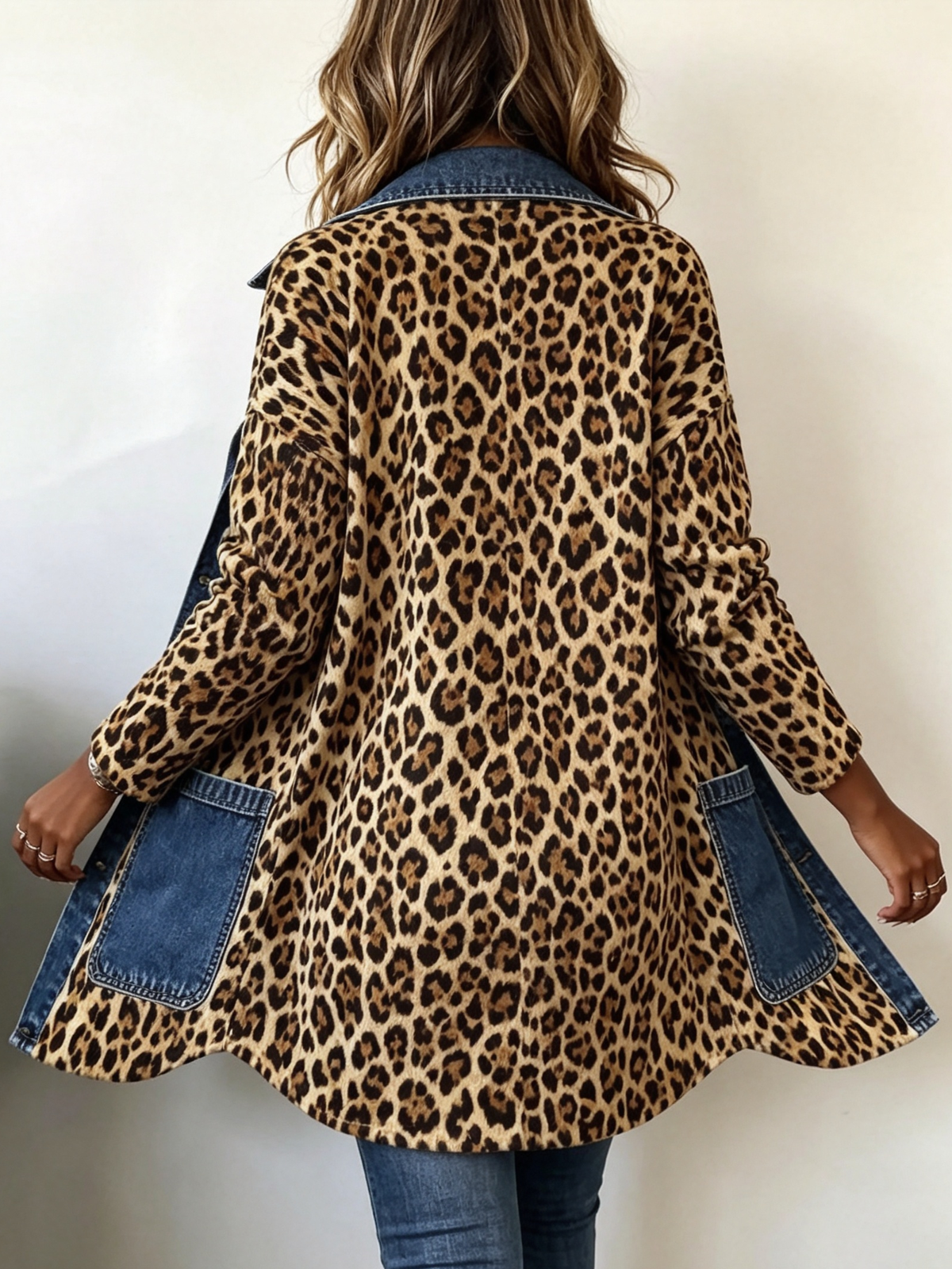 ELIZA & MAREN | LEOPARD DENIM LONGLINE JACKET FOR WOMEN