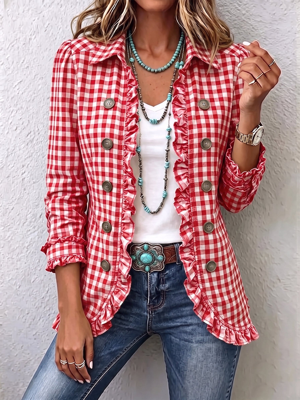 ELIZA & MAREN | GINGHAM RUFFLE BUTTON JACKET FOR WOMEN