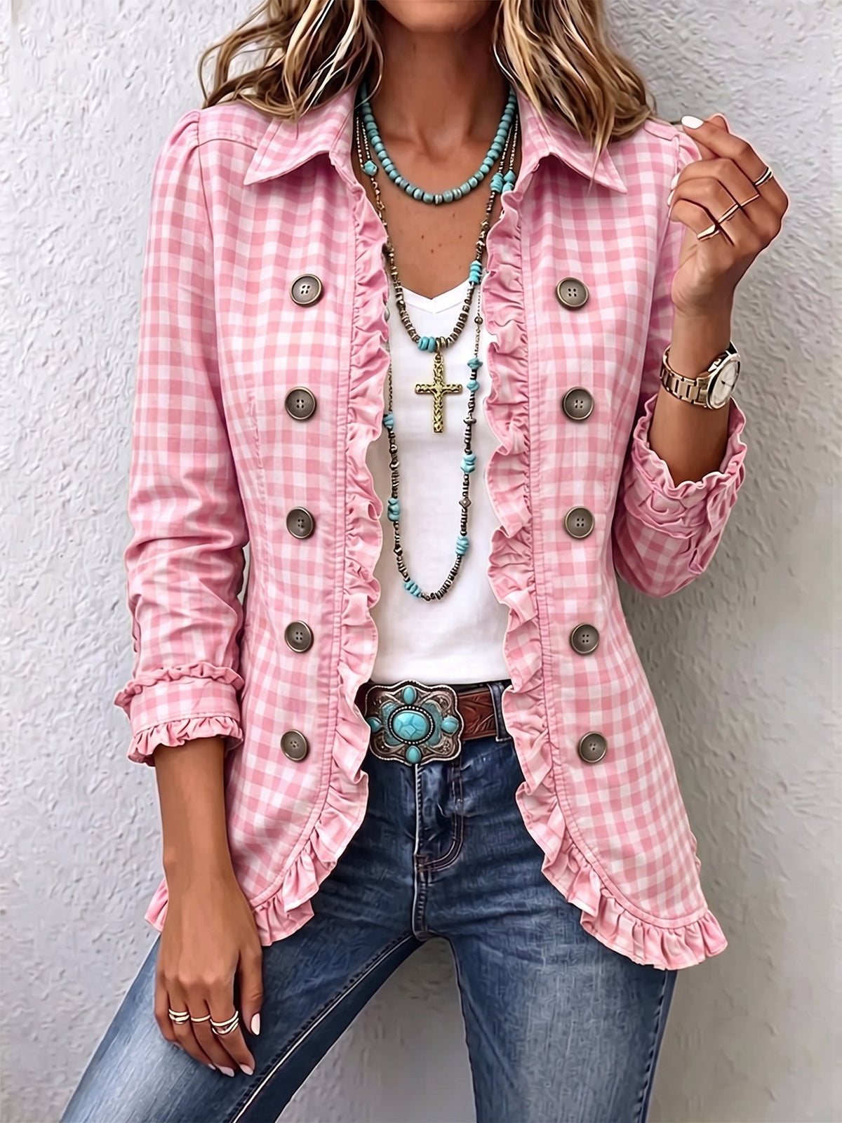 ELIZA & MAREN | GINGHAM RUFFLE BUTTON JACKET FOR WOMEN