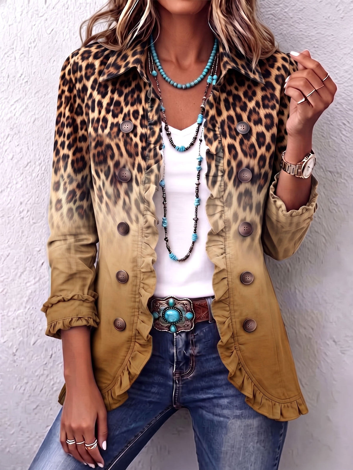 ELIZA & MAREN | LEOPARD OMBRE RUFFLE JACKET FOR WOMEN