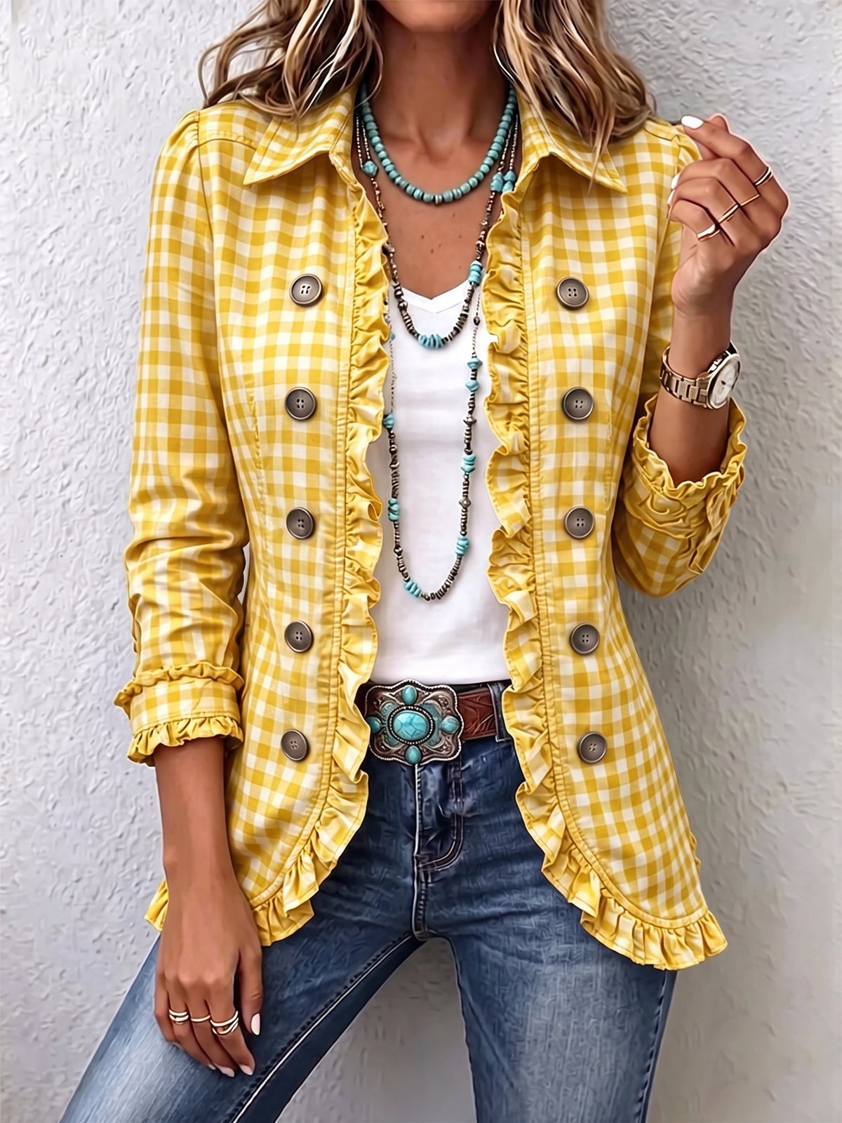 ELIZA & MAREN | GINGHAM RUFFLE BUTTON JACKET FOR WOMEN
