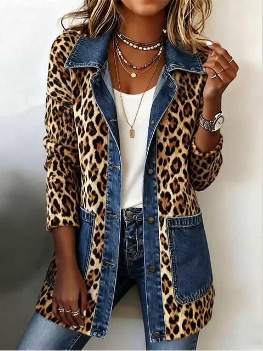 ELIZA & MAREN | LEOPARD DENIM LONGLINE JACKET FOR WOMEN
