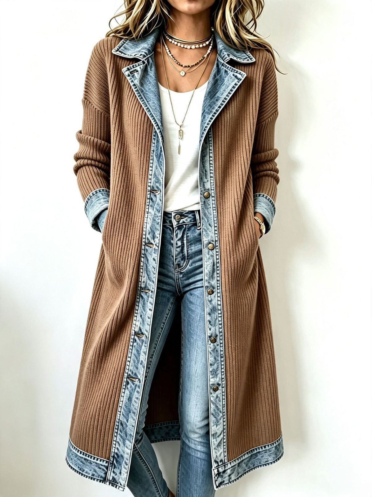 ELIZA & MAREN | LONG DENIM TRIM CARDIGAN FOR WOMEN