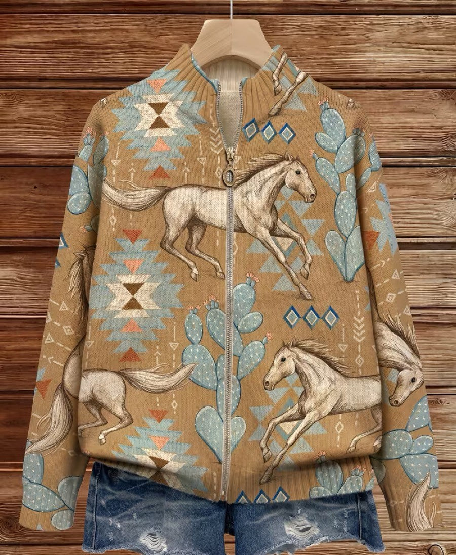 ELIZA & MAREN | HORSE CACTUS ZIP CARDIGAN FOR WOMEN