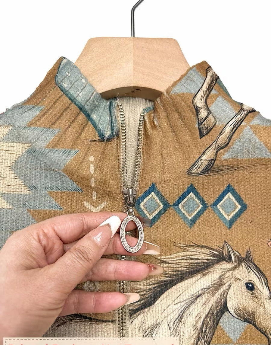 ELIZA & MAREN | HORSE CACTUS ZIP CARDIGAN FOR WOMEN