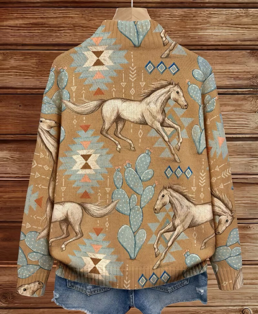 ELIZA & MAREN | HORSE CACTUS ZIP CARDIGAN FOR WOMEN