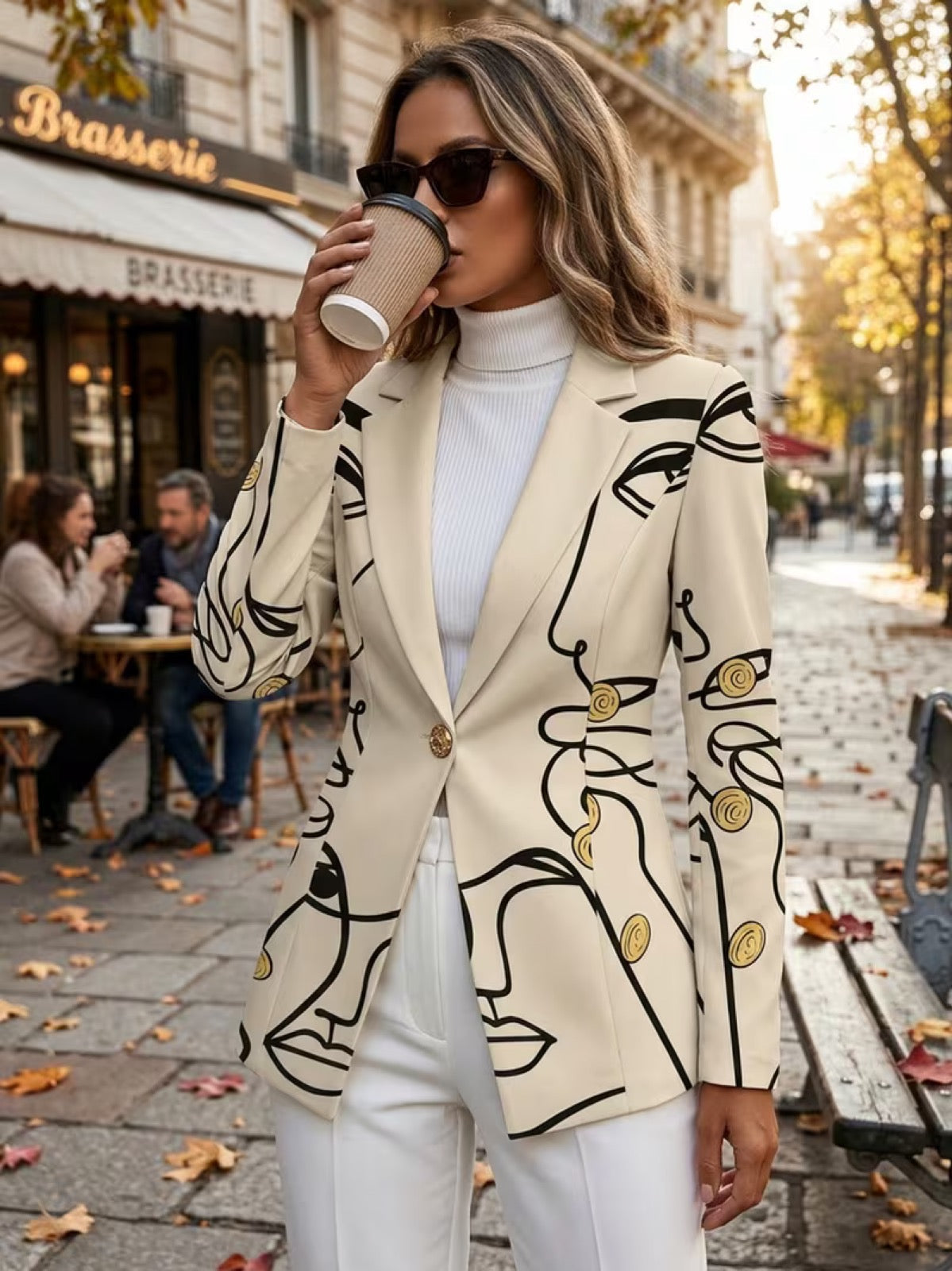 ELIZA & MAREN | IVORY LINE ART BLAZER FOR WOMEN