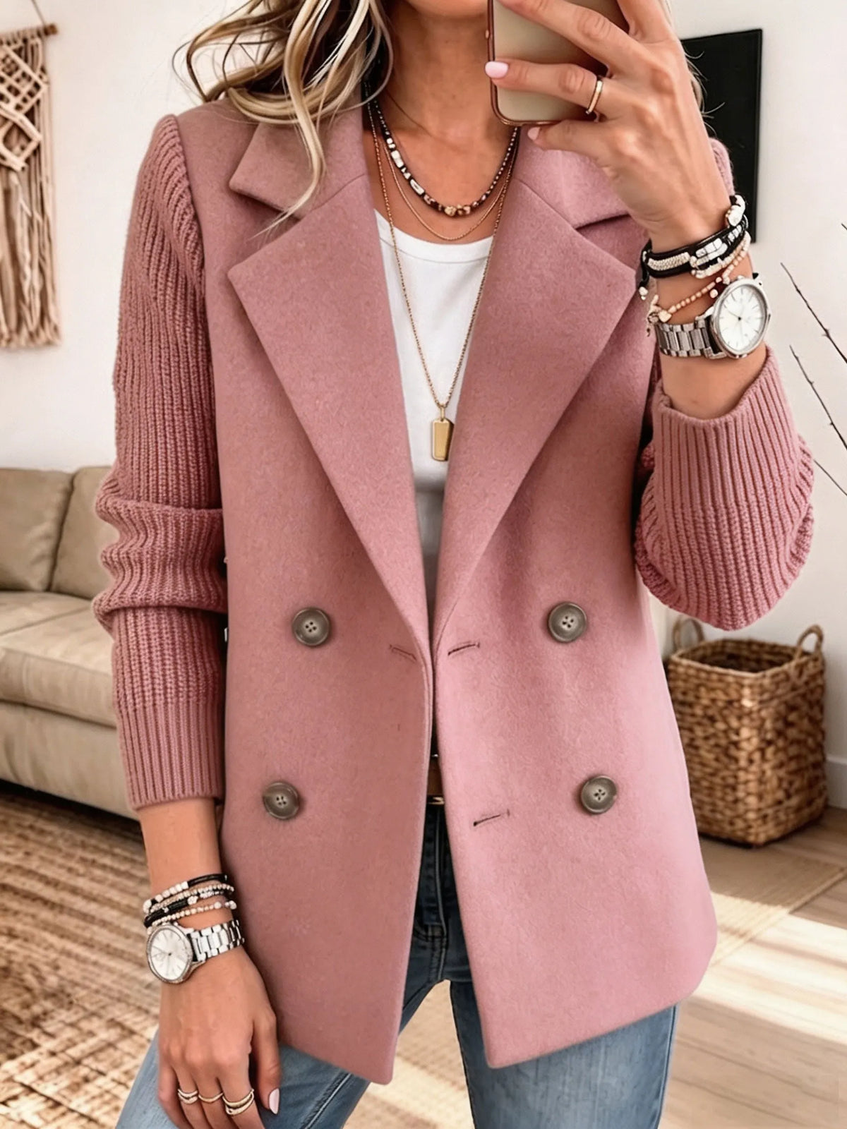 ELIZA & MAREN | PINK RIBBED SLEEVE BLAZER FOR WOMEN