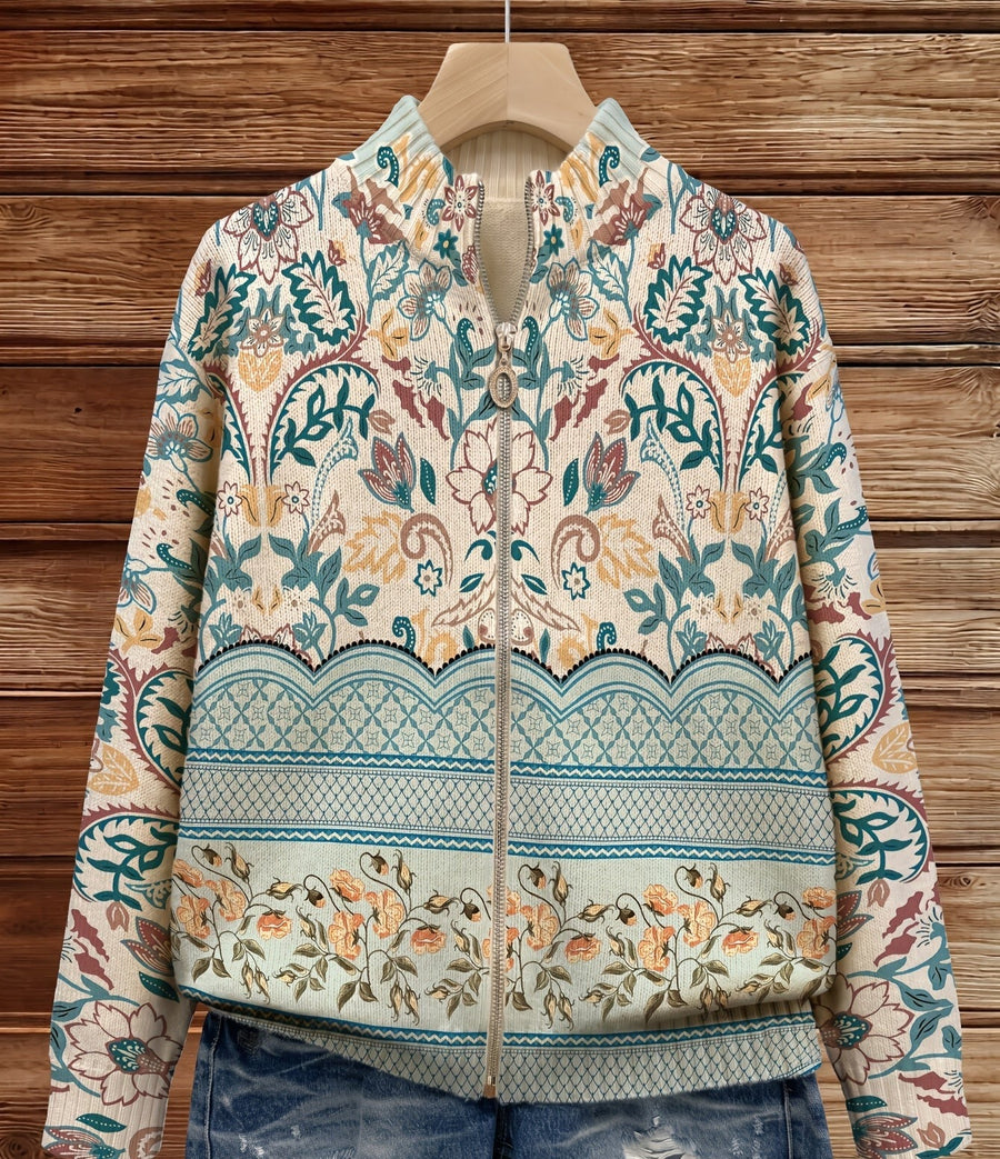 ELIZA & MAREN | BOTANICAL BORDER ZIP CARDIGAN FOR WOMEN