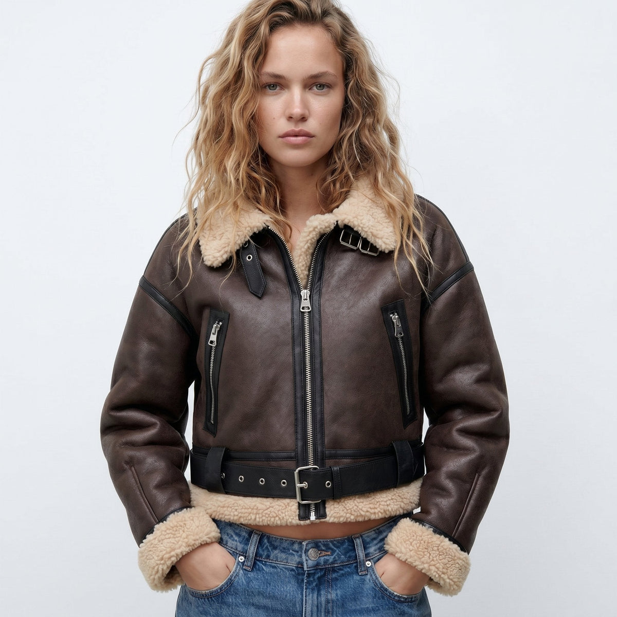 ELIZA & MAREN | CROPPED BELTED AVIATOR JACKET FOR WOMEN