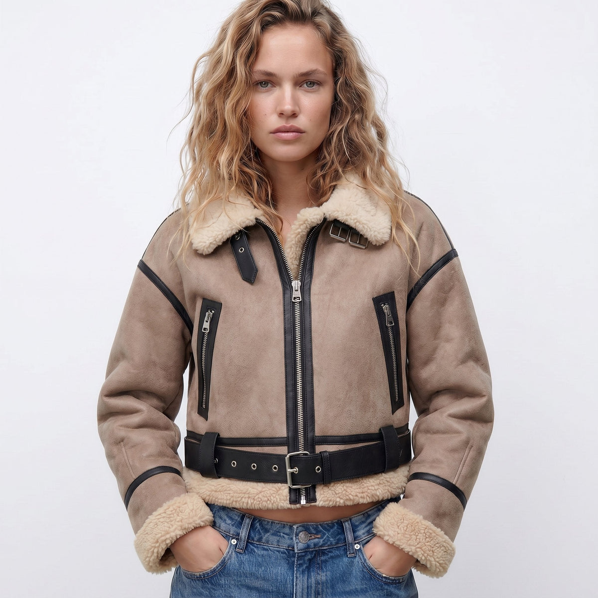 ELIZA & MAREN | CROPPED BELTED AVIATOR JACKET FOR WOMEN