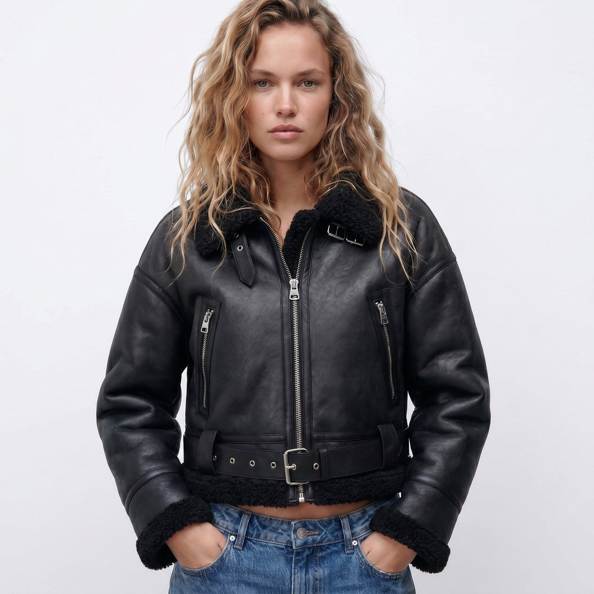 ELIZA & MAREN | CROPPED BELTED AVIATOR JACKET FOR WOMEN