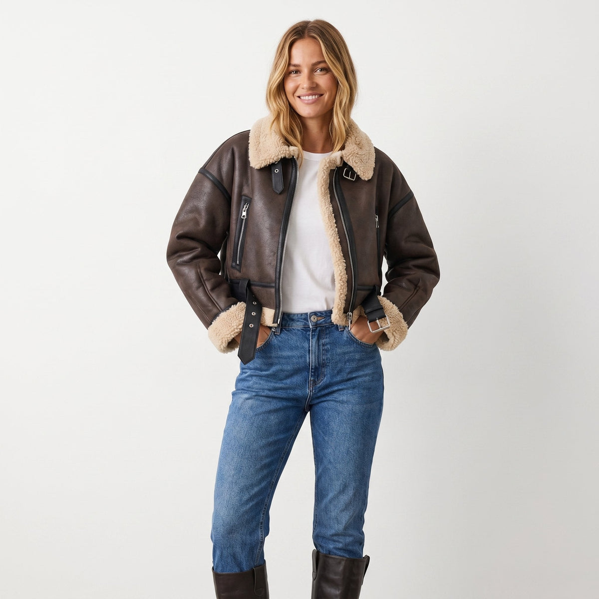 ELIZA & MAREN | CROPPED BELTED AVIATOR JACKET FOR WOMEN